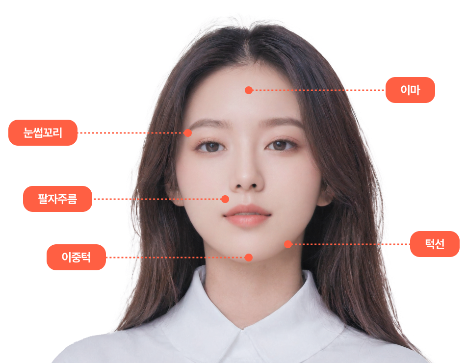 눈썹꼬리, 팔자주름, 이중턱, 턱선, 이마